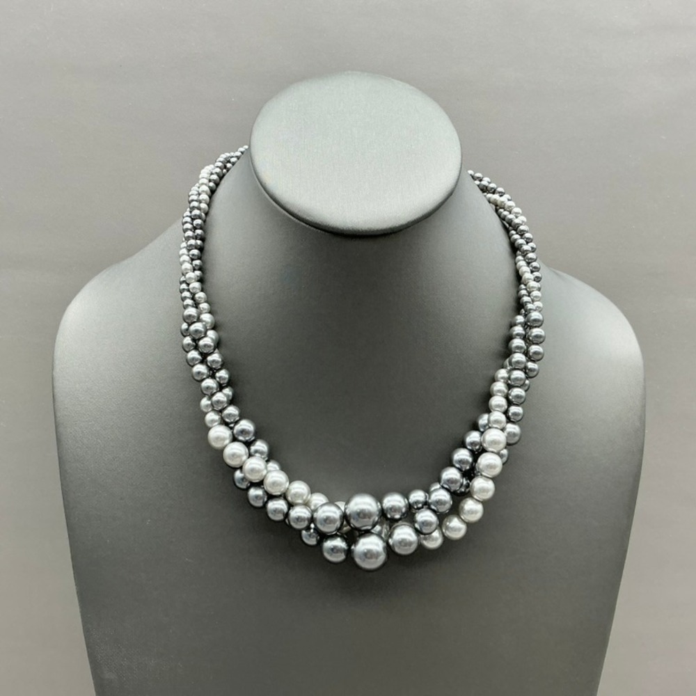 Roman Necklace Gray Faux Pearl Double Strand Beaded Adjustable Lobster Clasp